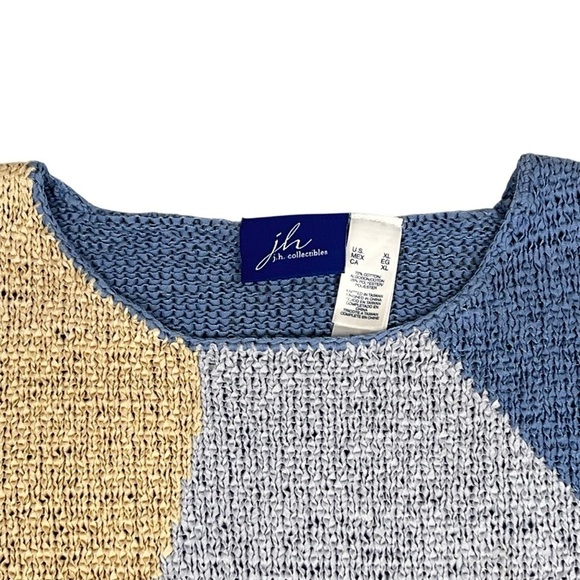 VTG J.H. COLLECTIBLES Blue Beige Color Block Long Sleeve Knit Sweater Top Sz XL - Picture 7 of 16